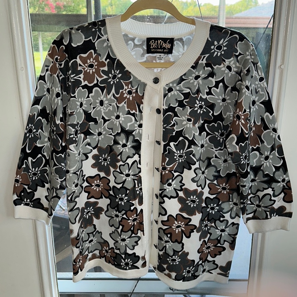 Bob Mackie Floral Cardigan Gray and Brown